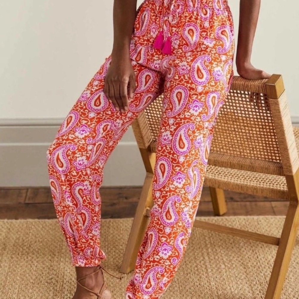 Boden Crinkle Taper Trouser Jogger Papaya Paisley Pink Orange 10P Women’s Petite